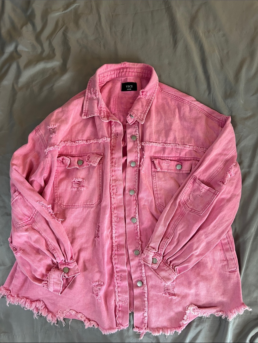 VICI Pink Distressed Oversized Denim Jacket